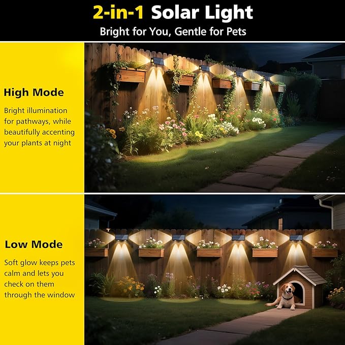 T-SUN Solar Fence Lights Waterproof LED Wall Lights Outdoor with 2 Bright Modes Warm White Solar Powered Dusk to Dawn Fence Light for Backyard Railing Patio Porch Pool 4 Pack