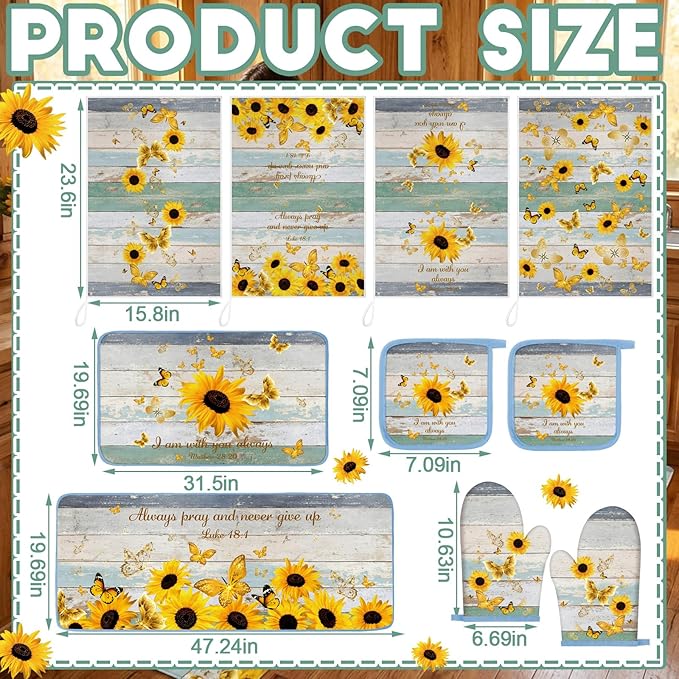 Fourluoo 10 Pcs Sunflower Kitchen Decor and Accessories Set Sunflower Kitchen Towels and Rugs Oven Mitts and Pot Holders for Cooking Baking Mom Housewarming Gifts
