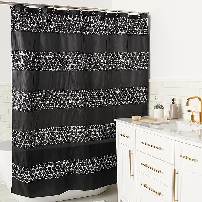 Zahari Home 13pc Sinatra Bathroom Shower Curtain Set Classic Shower Curtain & 12 Shower Curtain Hooks Luxury Fabric Shower Curtain Unique Design Bling Black Shower Curtain Set