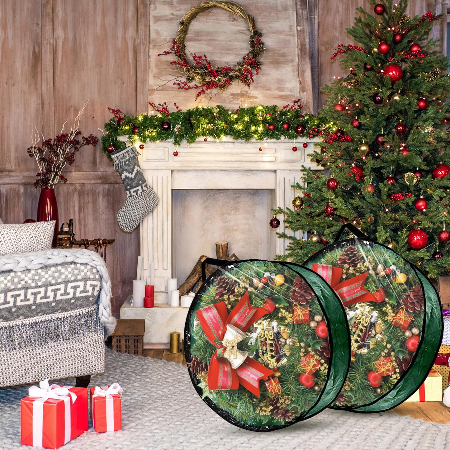 YAYODS 6 Pack Wreath Storage Container Bag, 24x8 Inch Christmas Wreath Storage Container Heavy Duty Christmas Wreath Boxes with Clear Window for Xmas Holiday Seasonal Wreath Garland (Green)