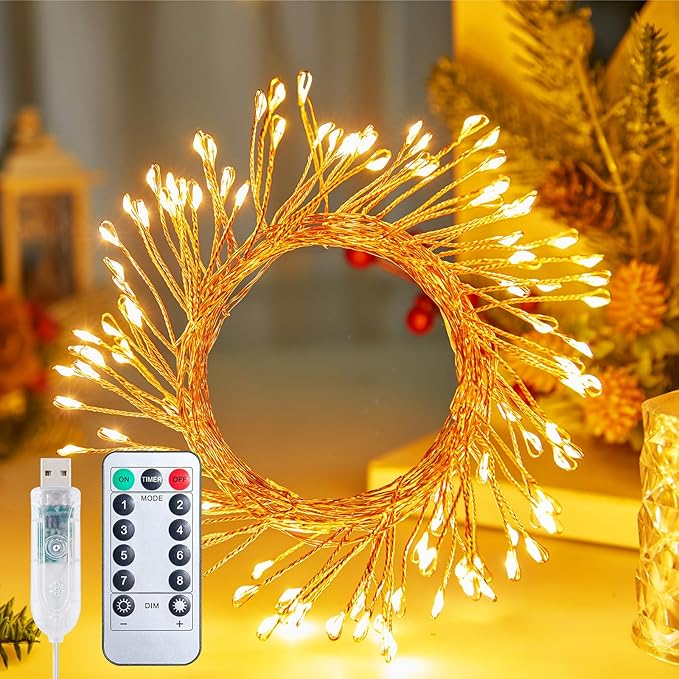 USB Operated Fairy Christmas Lights, 10FT 120LEDs Twinkle Cluster Light with 8 Modes & Remote, Silver Wire Firecracker String Lights for Garland, Room, Bedroom, DIY, Wedding Christmas Tree Decoration