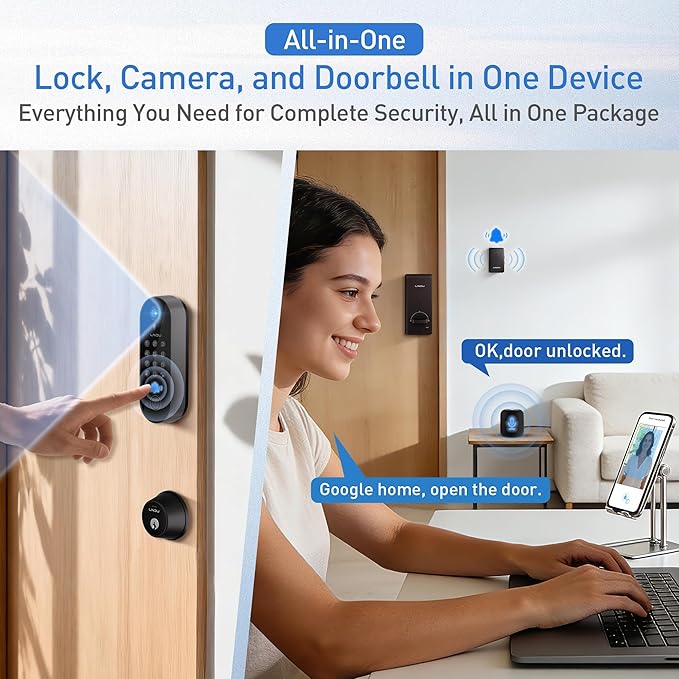 Smart Video Door Lock with 2K Doorbell Camera, Fingerprint & Keypad Keyless Entry, WiFi Deadbolt with PIR Motion Detection & Real-Time Package Alerts, App & Voice Control (Alexa & Google)