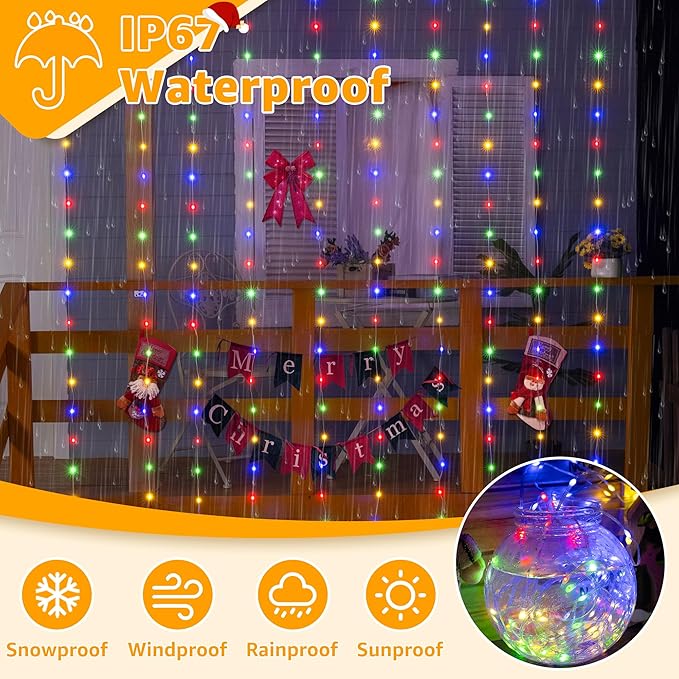 Ollny Curtain Lights 300 LED 9.8FT x 9.8FT, Connectable IP67 Waterproof Outdoor Christmas Curtain Lights with Remote, Plug-in Untangle Fairy Lights with 8 Modes&Timers for House Decor(Multicolored)