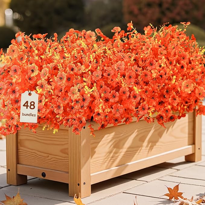 SHareconn 48 Bundles Artificial Fall Flowers for Outdoors Decoration, UV Resistant Silk Eucalyptus Lavender Faux Autumn Fake Plants for Outside Indoor Garden Yard Porch Home Decor, Sunset Red Orange