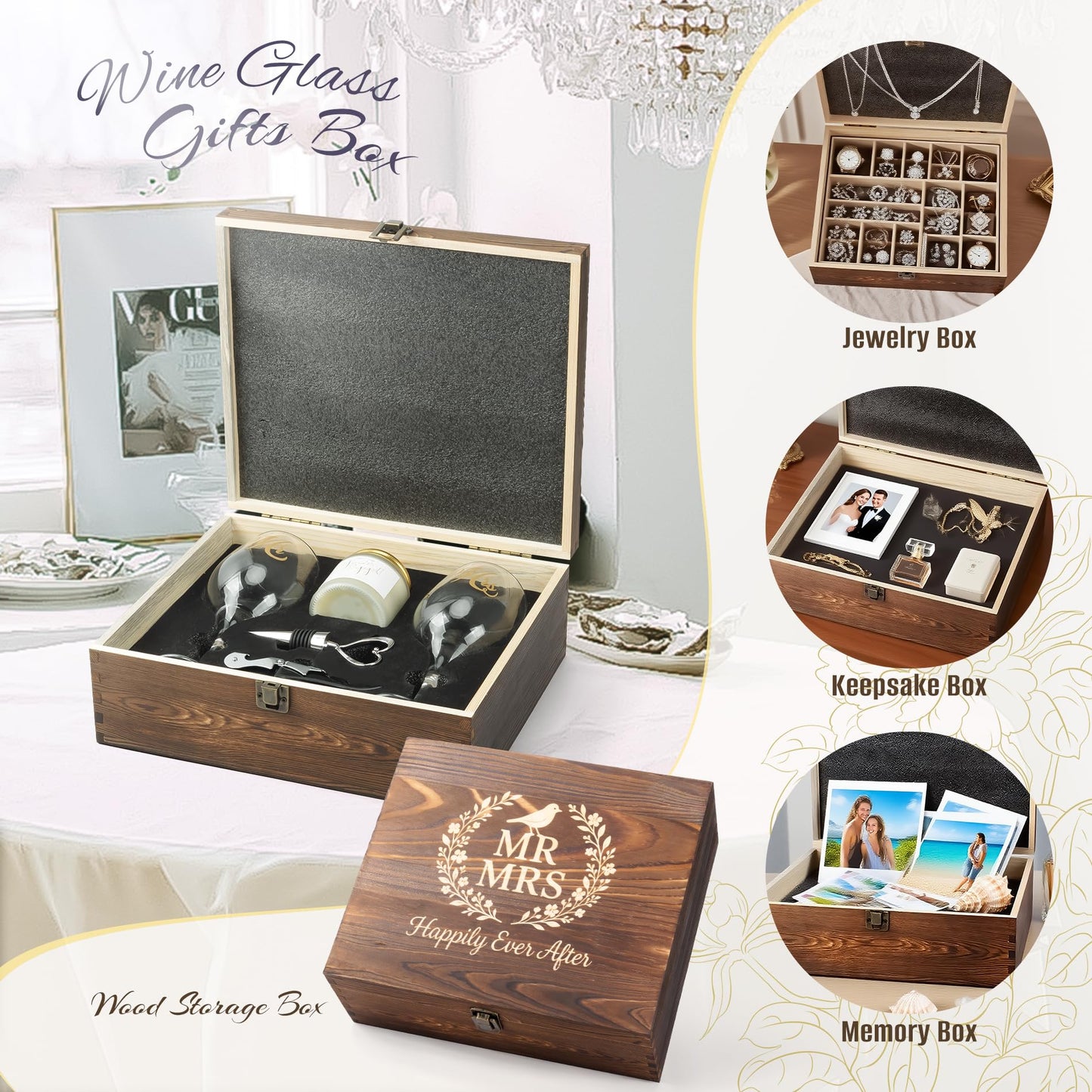 LOMEVE Mr and Mrs Engagement Gifts for Couples, Bridal Shower Gift, Wedding Gifts for Newlywed - Wine Glasses Set of 2, Wine Stopper and Opener, Wine Bag, Scented Candle, Engraved Wooden Keepsake Box