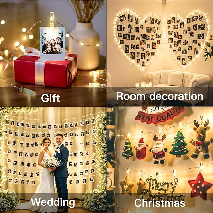 suddus 33ft 100 LED Fairy Lights with Clips for Pictures, Photo Lights with Remote USB Powered & Battery Operated with 45 Clear Clips, String Lights for Party, Bedroom, Decoration, Warm White