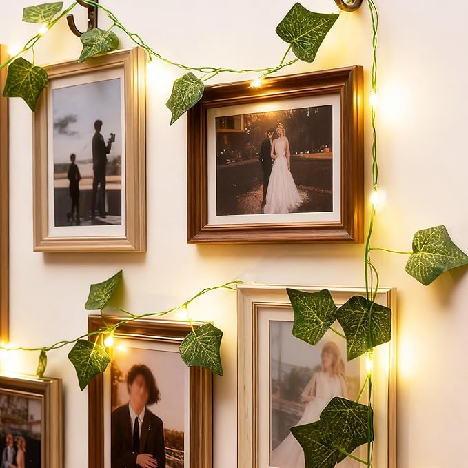 Indoor String Lights, 33ft Artificial Vine with 100 LED Fairy Lights, Battery Operated, Remote Control, 8 Lighting Modes, Green Leaf Decor