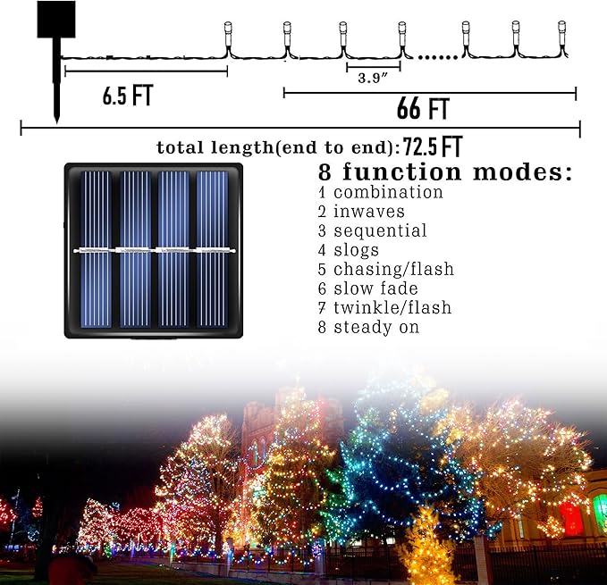 Dazzle Bright 2 Pack Total 400LED 132FT Multi-Colored Christmas Solar String Outdoor Lights, Solar Powered with 8 Modes Waterproof Fairy Lights for Bedroom Patio Garden Tree Party Yard Decoration