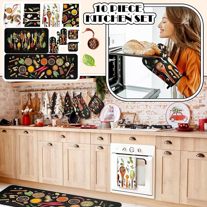 Fourluoo 10 Pcs Farmhouse Kitchen Decor and Accessories Set 4 Kitchen Towels 2 Pot Holders 2 Oven Mitts 2 Rugs for Cooking Baking Mom Housewarming Gifts(Vivid Color,Colorful Spices)
