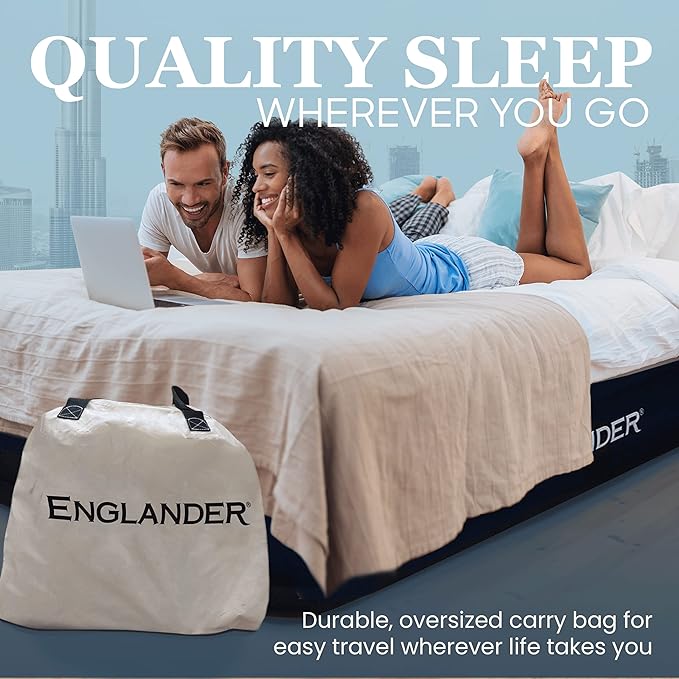 Englander Cal King Size Air Mattress w/Built in Pump - Luxury Double High Inflatable Bed for Home, Travel & Camping - Premium Blow Up Bed for Kids & Adults - Black