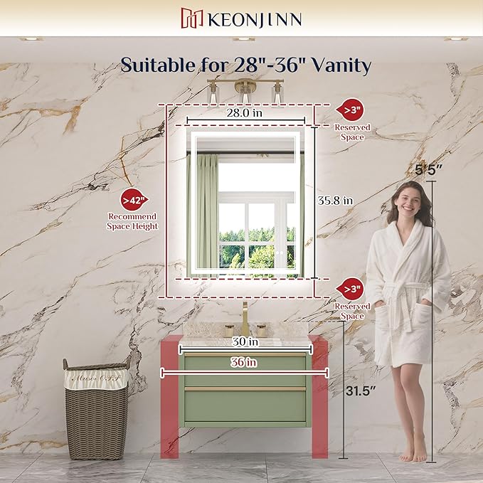 Keonjinn LED Bathroom Mirror 28" x 36", Frontlit & Backlit Bathroom Vanity Mirror with Lights, HD Tempered Glass, UL-Listed, Anti-Fog, 3 Color Lights, Dimmale, Memory Function, LED Wall Mirror