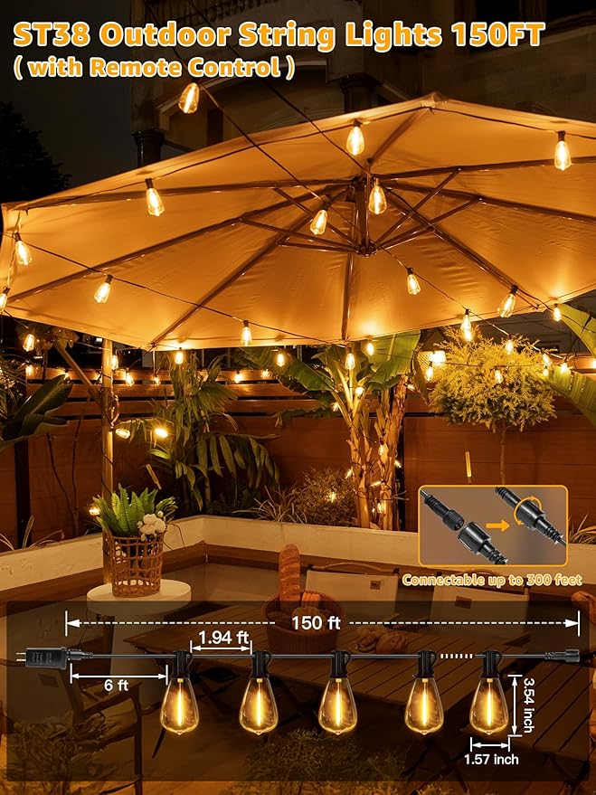 Outdoor String Lights Dimmable with Remote, 150 FT Outdoor Lights with 2 Timer and 3 Mode, Waterproof & Shatterproof Patio Lights, 2200K Energy Saving String Lights 4 Spare Bulbs for Patio Yard