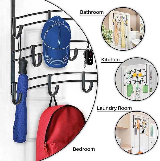 LYNK Professional® Home™ Over The Door Hooks - 14 Hook Over The Door Hanger - Over Door Coat Rack - Hanging Towels or Clothes - Bathroom, Bedroom or Laundry Room - Lifetime Ltd. Warranty – Black