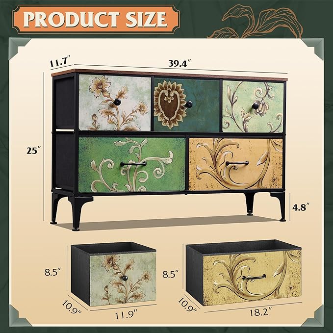 WLIVE Dresser for Bedroom with 5 Drawers, Wide Chest of Drawers, Fabric Dresser, Storage Organizer Unit with Fabric Bins for Closet, Living Room, Hallway, Floral Painted