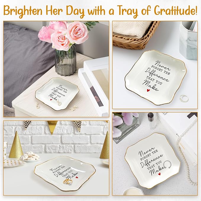 OASSIE Thank You Gifts for Women - 4"x4" Ceramic Jewelry Dish Tray - Appreciation Teachers Day Birthday Gifts for Women Employee Coworkers Teacher Boss Lady Manager Nurses, Retirement Gift for Woman