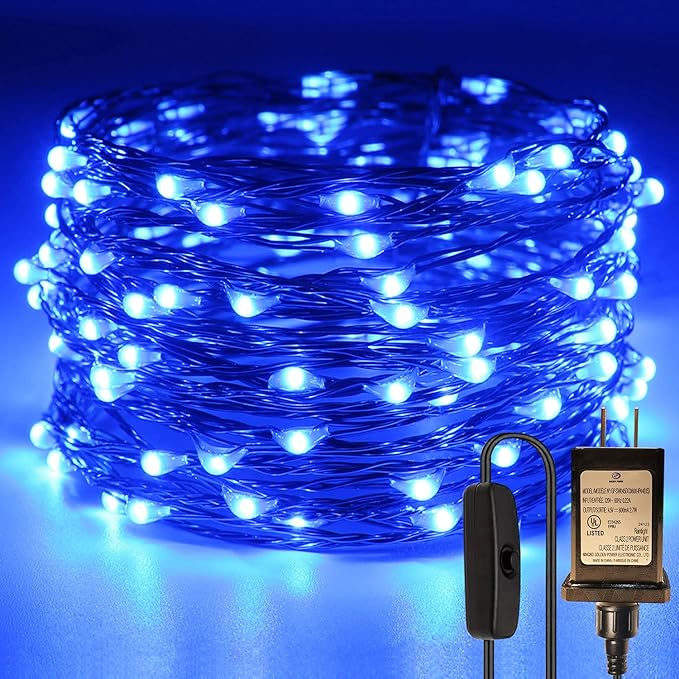 RUICHEN Plug in Fairy String Lights with Switch, Waterproof 33 Ft 100 LED Copper Wire Firefly Lights for Bedroom, Patio, Garden, Balcony, Dorm, Blue