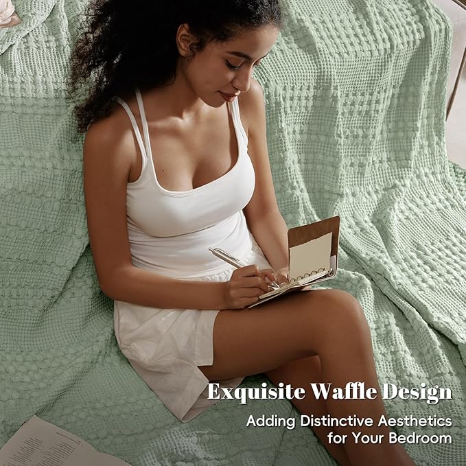 PHF 100% Cotton Waffle Weave Blanket King Size for Bed, Soft Lightweight & Breathable, All-Season Comfort, Luxury Aesthetic Woven Bedding for Home Decor, 108"x90", Mint Green