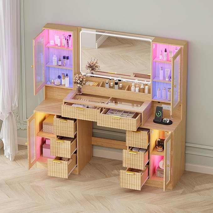 Fluted Makeup Vanity Desk with Mirror and Lights, 55" Glass Top Vanity with 8 Drawers & 4 RGB Glass Cabinets, Adjustable Shelves & Power Outlet, Modern Dressing Table Set for Women Girls Bedroom