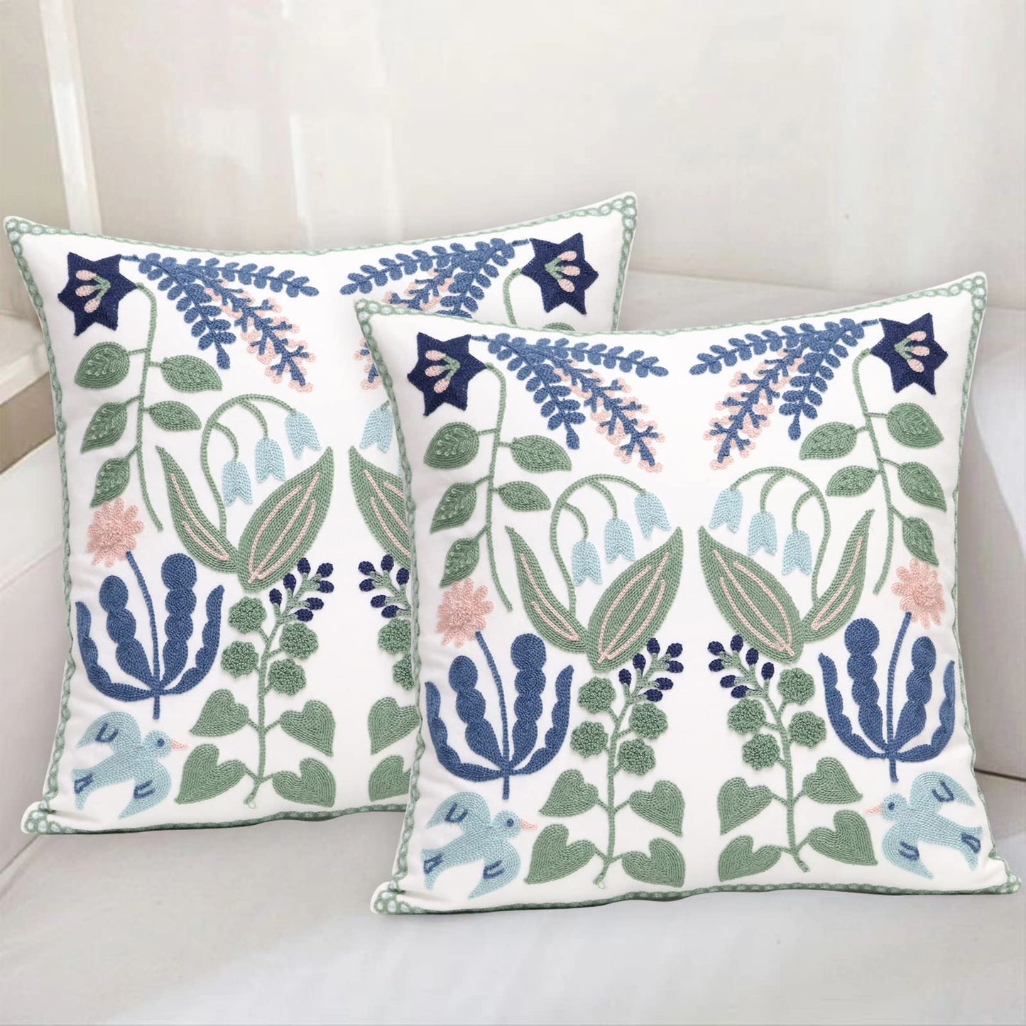 Pilmandu Pack of 2 Embroidered Decorative Throw Pillow Cover 18x18 Inch Farmhouse Floral Pillowcase for Living Room Sofa Bed (Bird Flower)