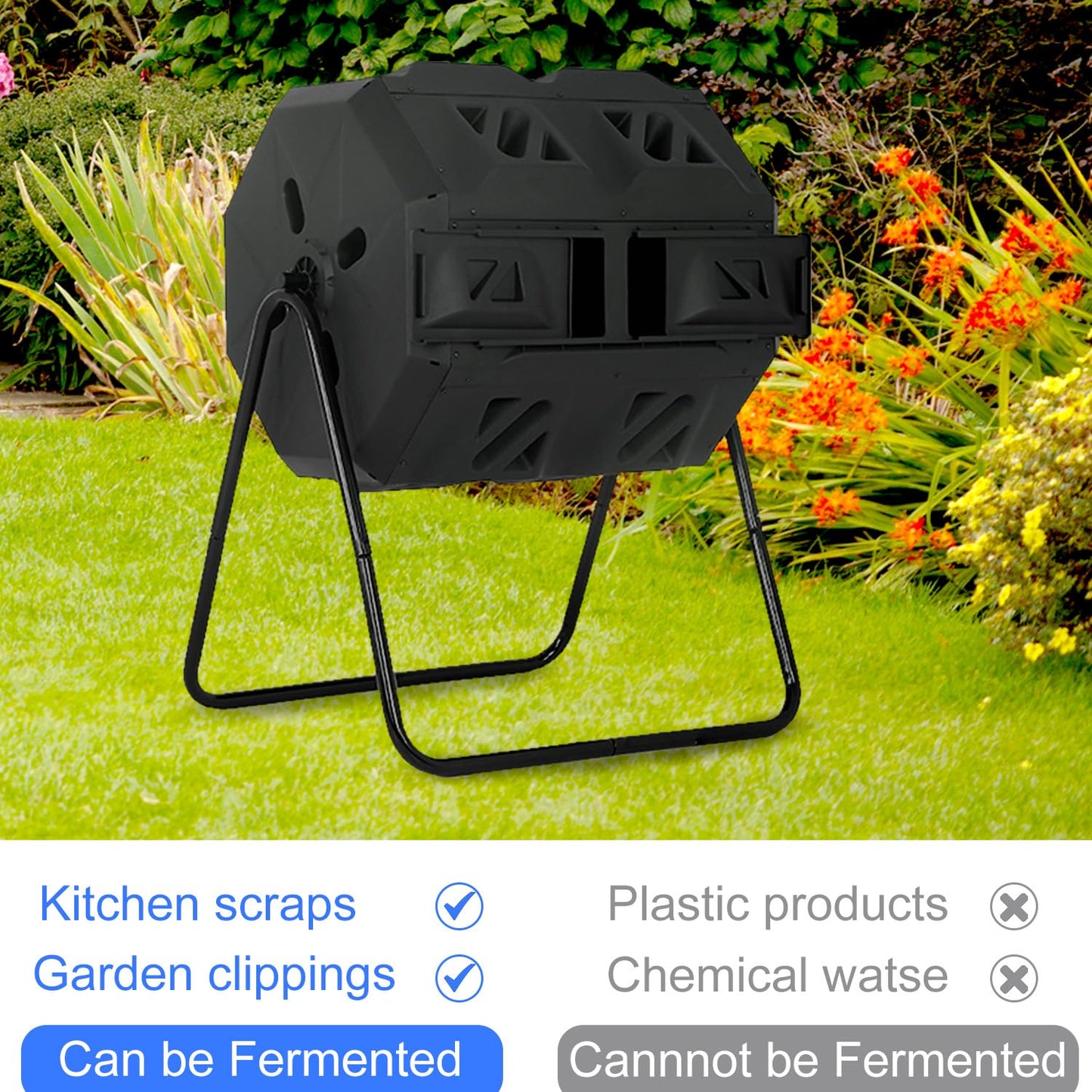 FDW Outdoor Compost Bin, 43 Gallon Dual Chamber Tumbling Composting Bin with Sliding Doors for Garden Patio Kitchen Yard，Black Door