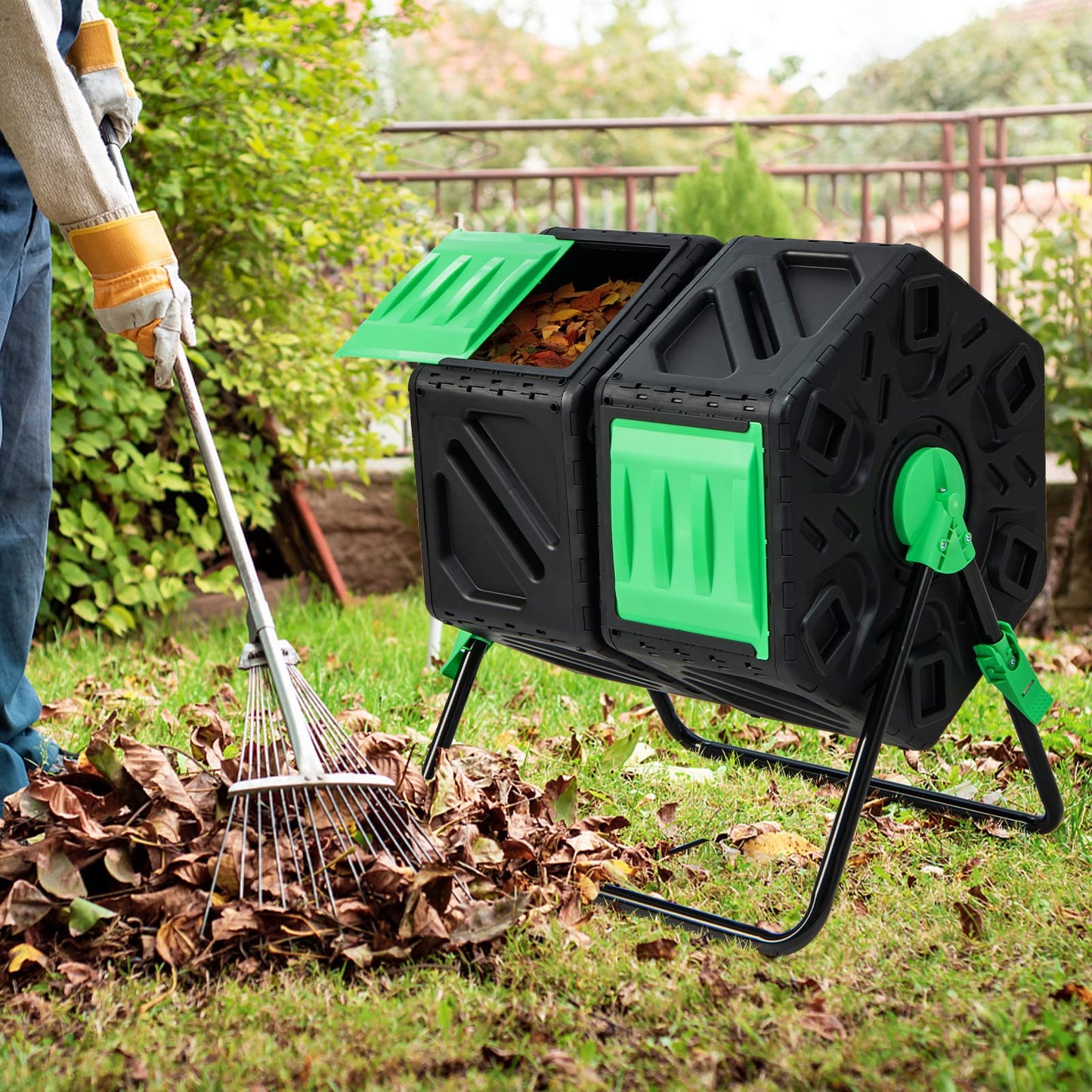 Goplus Compost Bin, Dual Chamber 34.5 Gal Compost Tumbler with 2 Rotating Chambers, Sliding Doors, High-Volume Outdoor Garden Composter, Rotating Composting Bin for Garden Yard, BPA Free