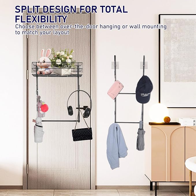 Over the Door Purse Organizer with 16 Hooks and Storage Basket, Wall Mounted Handbag Organizer, Purse Organizer for Closet Holds up to 16 Bags, Purse Holder for Door Has Split Design