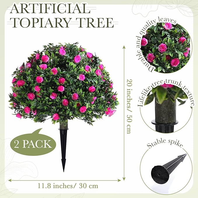 Yunlly Set of 2 Artificial Boxwood Topiary Ball Tree Fake Bushes Shrubs Outdoor Faux Plant with Ground Spike Flowers UV Resistance Greenery for Front Porch Garden Patio Indoor(Pink,18x10inch)
