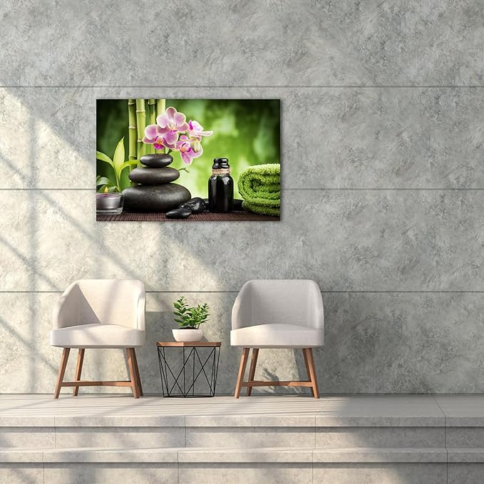 GUTTATY Zen Wall Art Decor, Modern Bathroom Zen Decor Wall Art, Canvas Wall Art for SPA Zen Room Decor, Green Bamboo and Pebble Relaxing Art Prints for Office & SPA Wall Decor 18x24 Inches