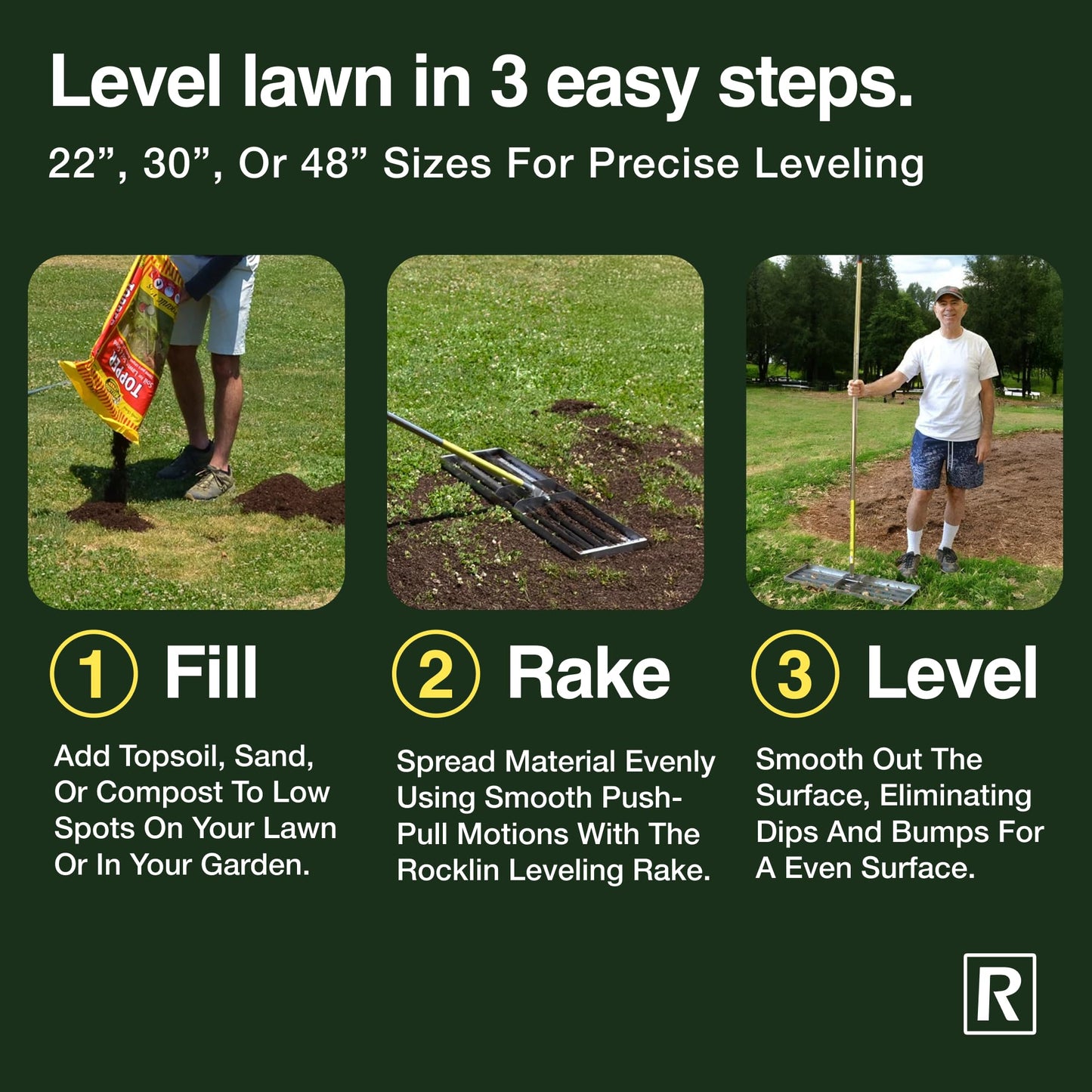 Rocklin™ Lawn Leveling Rake | Stainless Steel Surface Leveling Tool | Level Soil or Dirt Ground Surfaces Easily | 30” x 10” Ground Plate | 78” Extra Long Handle