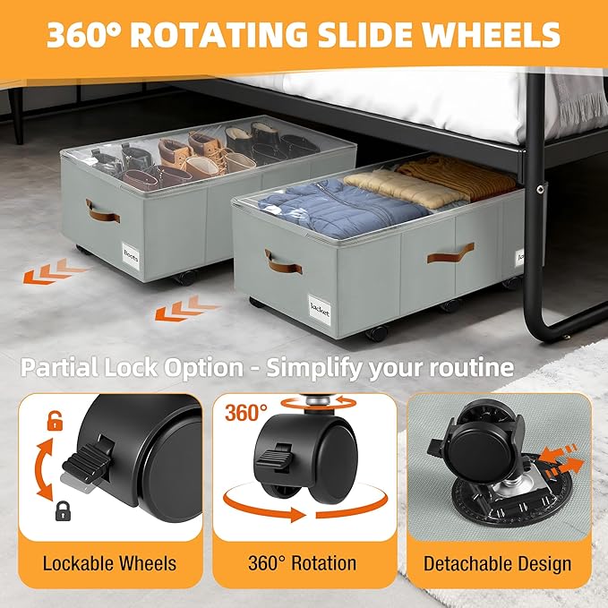 11 inch Under Bed Storage with Wheels, 2-Pack Underbed Storage Containers for College Dorms Bedrooms Organization, Foldable Under Bed Drawers for Comforters, Blankets, Clothes & Shoes, Grey