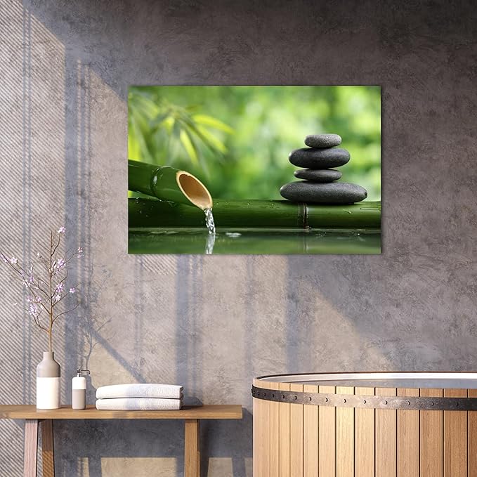 GUTTATY Zen Wall Art Decor, Modern Bathroom Zen Decor Wall Art, Canvas Wall Art for SPA Zen Room Decor, Green Bamboo and Pebble Relaxing Zen Art Prints for Office & SPA Wall Decor 18x24 Inches