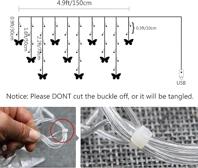 Decorman Butterfly Curtain Lights, 4.9ft 48 LED USB Window Fairy Lights 10 Butterflies 8 Modes Firefly Twinkle String Lights for Room Bedroom Wall Ceiling Party Wedding Christmas (Colorful)