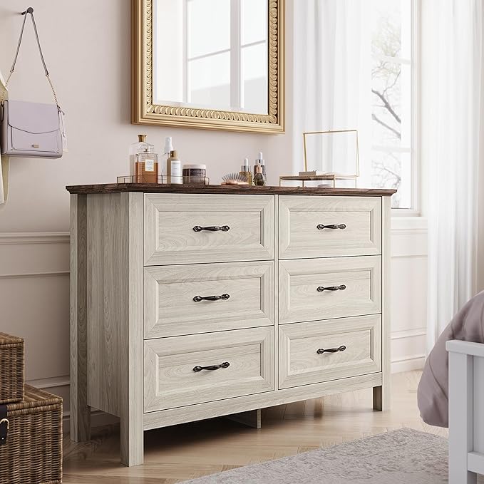 LINSY HOME Farmhouse 6 Drawers Dresser, White Wood Dresser for Bedroom Wide Chest of Drawers, French Country Storage Double Dressers Organizer for Bedroom, Living Room
