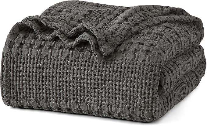 PHF 100% Cotton Waffle Weave Blanket Queen Size for Bed, Soft Lightweight & Breathable, All-Season Comfort, Luxury Aesthetic Woven Bedding for Home Decor, 90"x90", Charcoal Grey