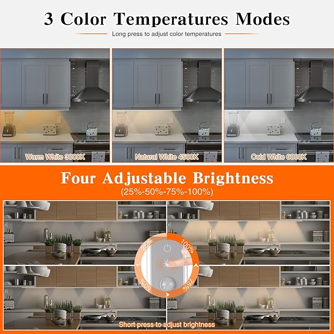 2 Pack Wireless Motion Sensor Under Cabinet Lights with Detachable Rechargeable Battery,98 LED Counter Closet Lighting Strip,3 Dimmable Colors,4-Level Brightness Adjustable,Touch Control & Ultra