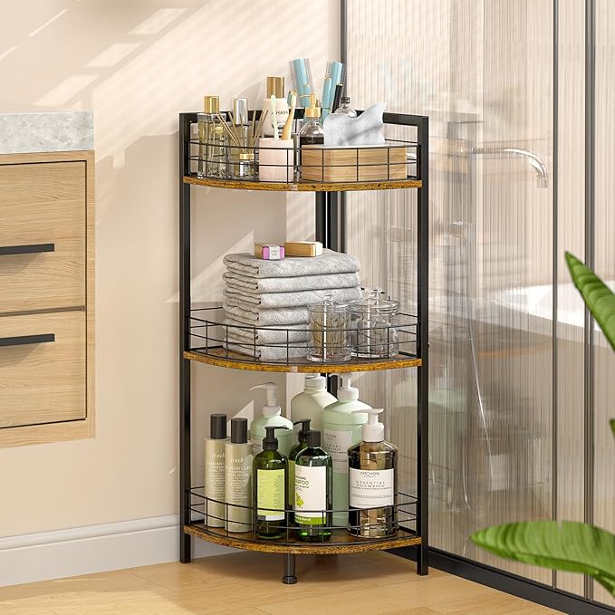 DAOUTIME Bathroom Standing Shelf, 3 Tier Corner Stand, Free-Standing Shelf Units, Triangular Curved Corner Shelf Stand for Small Space, Ideal for Bathroom,Kitchen,Vanity Storage and Organizer