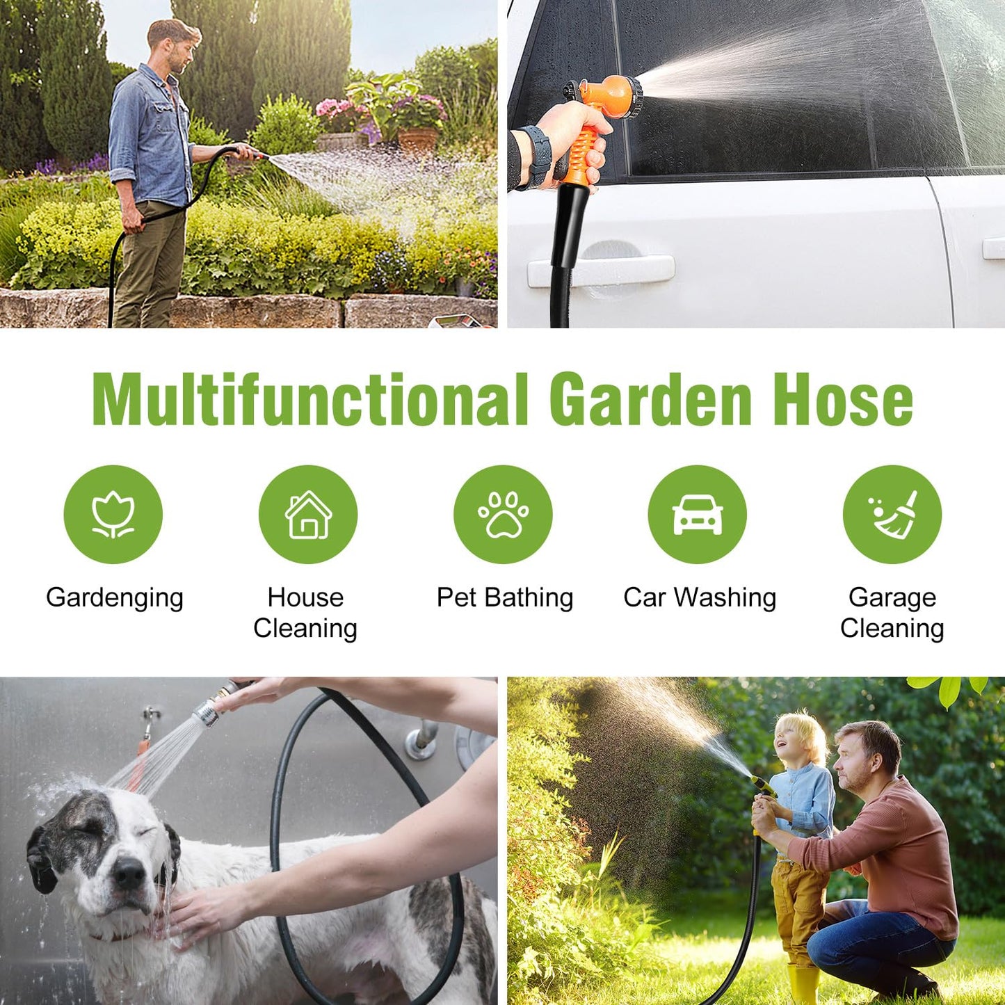 Beitopamz 100 ft Garden Hose, 5/8 in Heavy Duty Water Hose, Flexible and Durable, Lightweight Rubber Hybrid Hose, Leak-Free Connections, Male to Female 3/4'' Brass Fittings for Patio, Lawn, Black