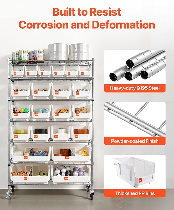 VEVOR 7-Tier Rolling Bin Storage Rack, 22 Organizer Bins, Bin Rack Storage Steel Wire Shelving System with Wheels, Mobile Tool Organizer for Garage, Warehouse, Office, Restaurant, Classroom, Kitchen