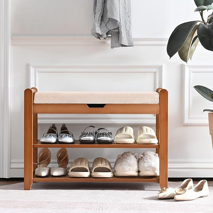 Shoe Rack Bench, Shoe Storage Bench with Cushion, 27.6in Entryway Bench with Lift Top Hidden Storage Holds Up to 330lb for Bedroom Living Room