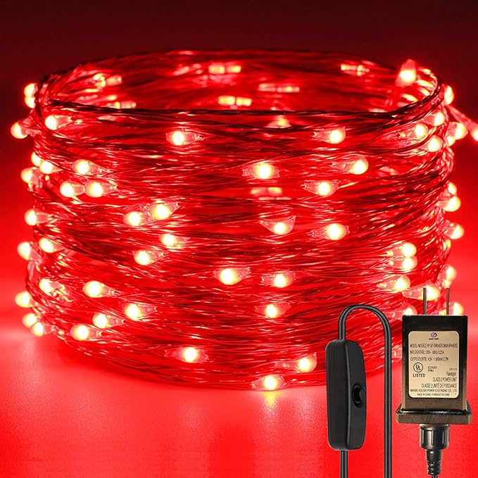 RUICHEN Plug in Fairy String Lights with Switch, Waterproof 33 Ft 100 LED Copper Wire Firefly Lights for Bedroom, Patio, Garden, Balcony, Dorm, Red