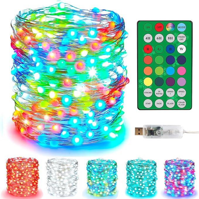 Color Changing Fairy String Lights, 33ft 100 LED Twinkle Lights with Remote & Timer, Multicolor Outdoor Christmas Lights for House Tree 4th of July Bedroom Xmas Indoor Decor