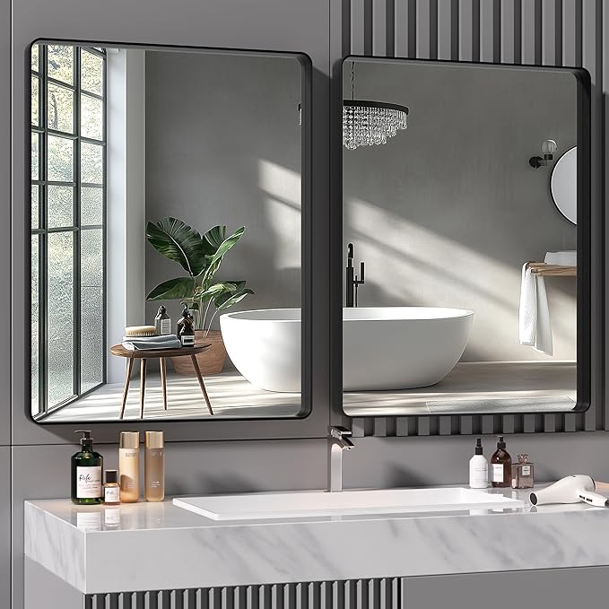Hasipu 2 PCS Bathroom Mirror for Wall, 36 x 28 Inch Black Metal Framed Bathroom Mirrors for Over Sink, Rectangle Bathroom Vanity Mirror, Anti-Rust, Tempered Glass, Horizontal or Vertical