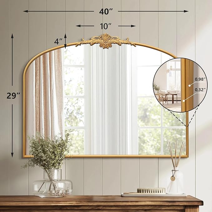 Besdomus Antique Arched Gold Mirror: 40"x29" Large Gleaming Gold Vintage Wall Mounted Mirror - Baroque Traditional Ornate for Bedroom/Bathroom/Fireplace/Entryway - Home Decor for Homemakers