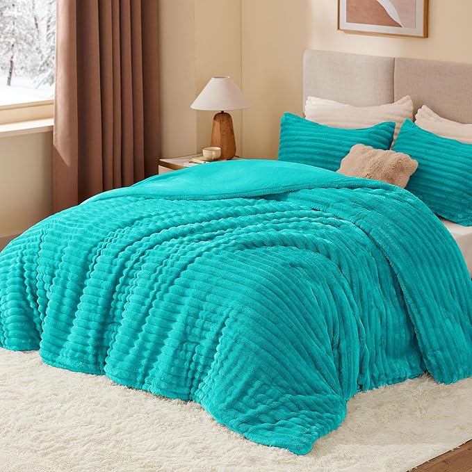 BEDELITE Fleece Twin Comforter Set -Super Soft & Warm Fluffy Teal Bedding, Luxury Fuzzy Heavy Bed Set for Winter with 1 Pillow case