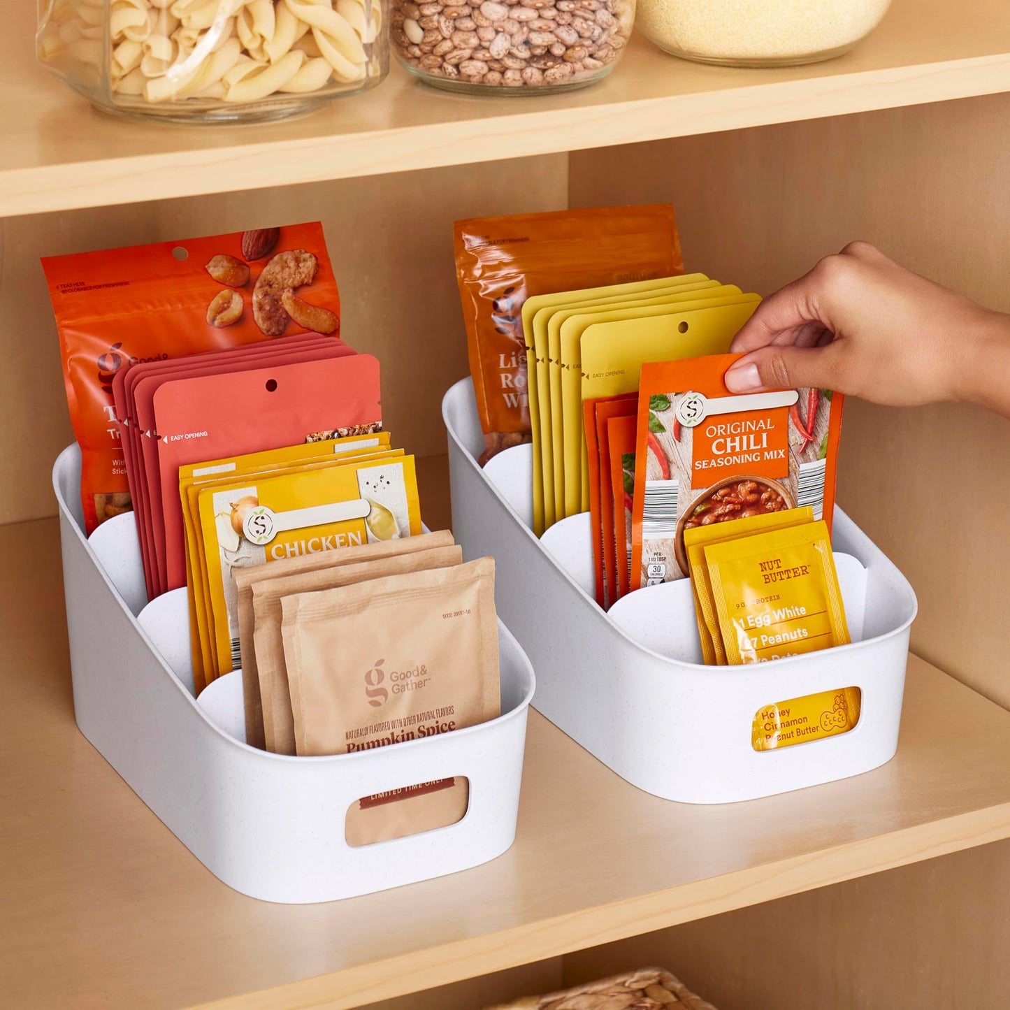 YouCopia ShelfBin Packet Organizer, 4-Tier Stairstep Raised Divided Bin, BPA-Free Storage Caddy for Kitchen Pantry and Cabinet Organization, Tea Bags, Medicine, and More