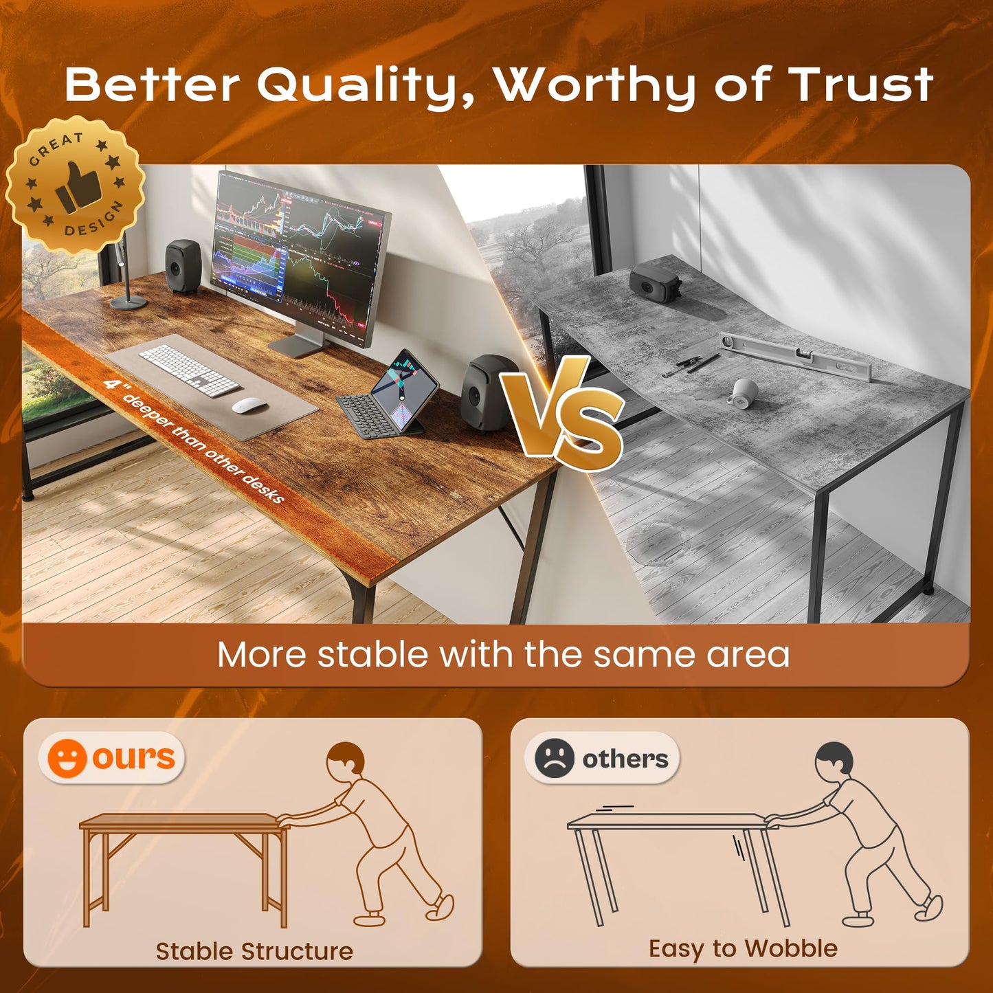 PRAISUN 47 X 24 Inch Computer Desk with Deeper Desktop, Gaming Office Writing Work Desk for Home Office, Study, Bedroom, Work from Home, Metal Frame, Rustic Brown