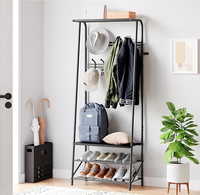 Coat Rack, 4-In-1 Hall Tree, Entryway Shoe Bench Coat Standwith Metal Frame, 3-Tier Shelf and 10 Hooks for Entryway,Hallway, Bedroom