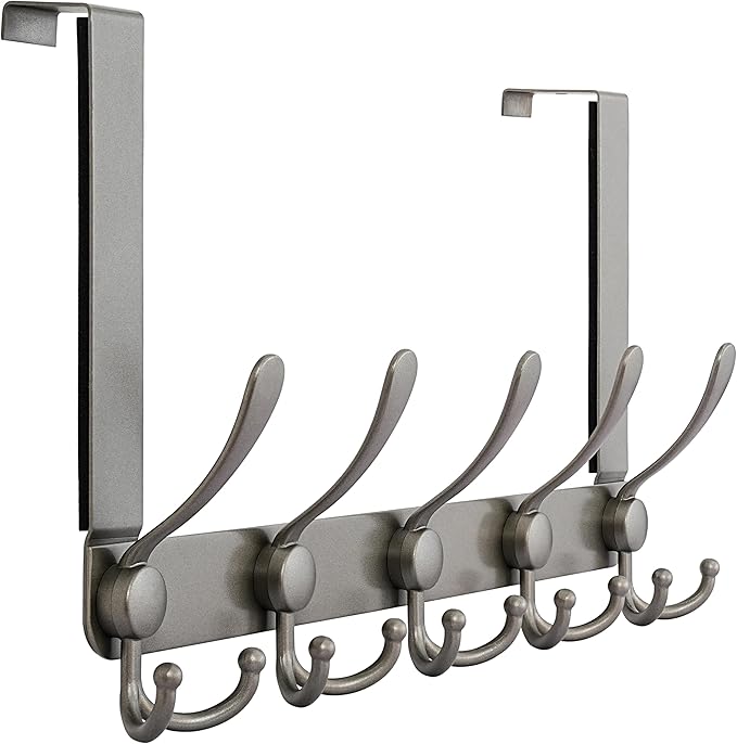 Dseap Over The Door Hook Hanger - Fits 1 3/8" to 1 3/4" Standard Doors | 5 Tri Hooks Heavy Duty Towel/Coat Rack | Door Organizer for Clothes, Jackets, Hats, Towels, Grey