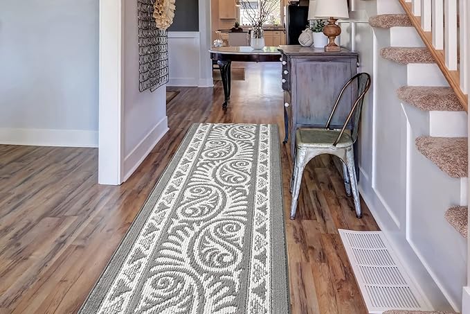 Custom Length Cut to Size Tribal Ethnic Southwestern Inspired Hallway Runner Rug, Non Slip Rubber Backed, 31 inch Wide X Customized Length, Mayan Grey, 31 inch X 8 feet