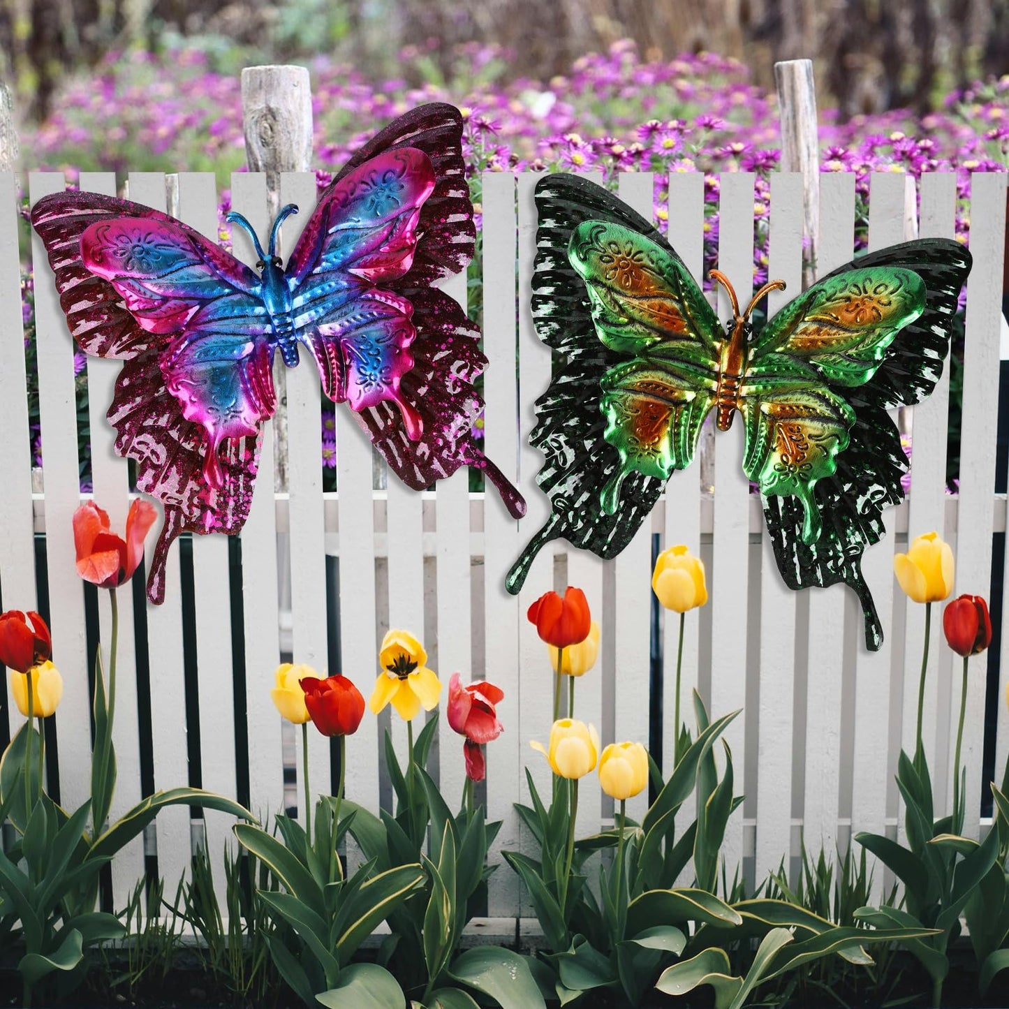FUNWILDLIFE Metal Butterfly Wall Decor - 2 Pack 11.4" Outdoor Fence Wall Art Decor, Large Butterfly Wall Decor for Garden Yard Living Room Bedroom Patio Balcony